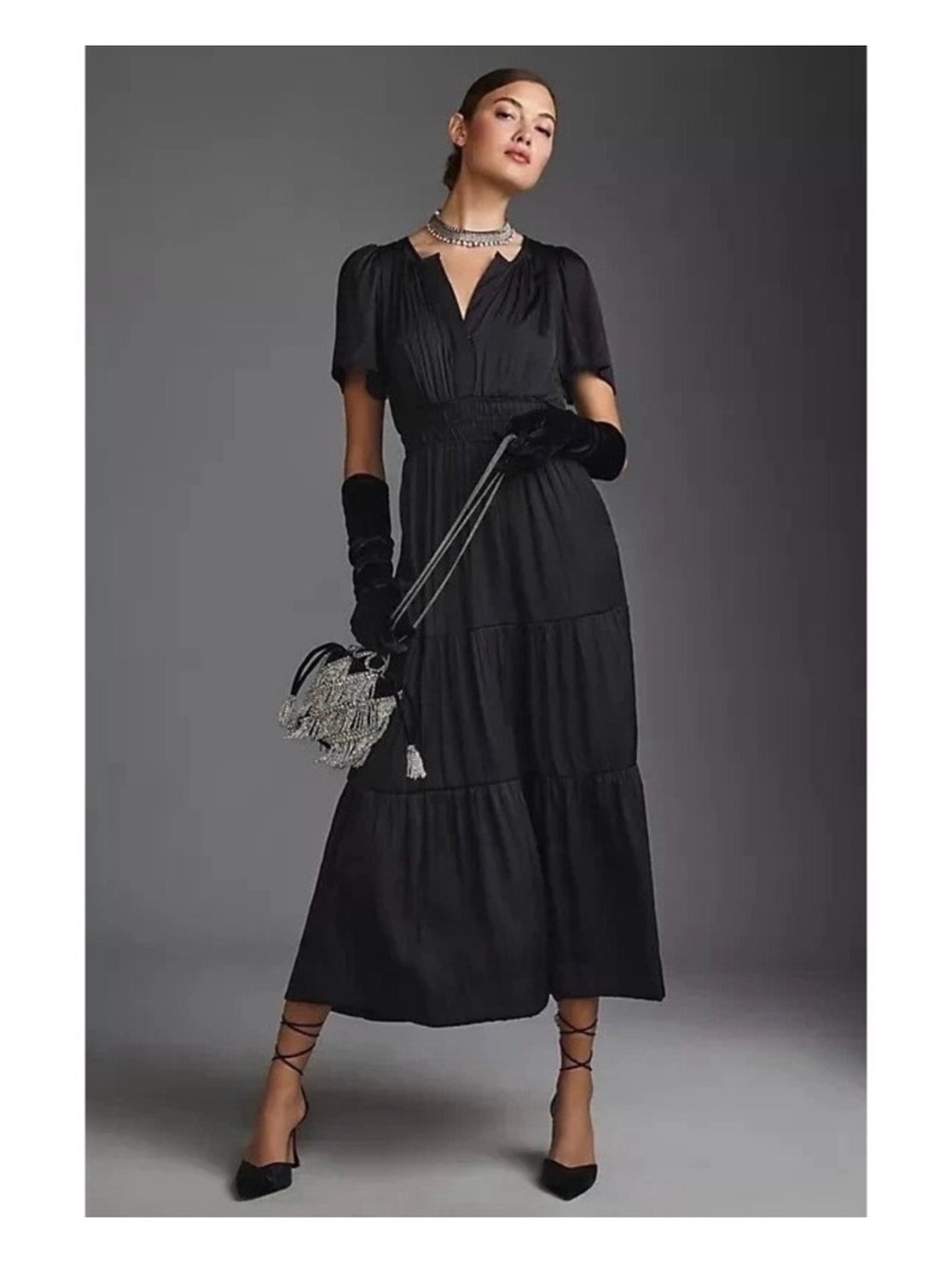 Anthropologie-Black Tiered SatinMaxi Dress - Classic Women's Dress